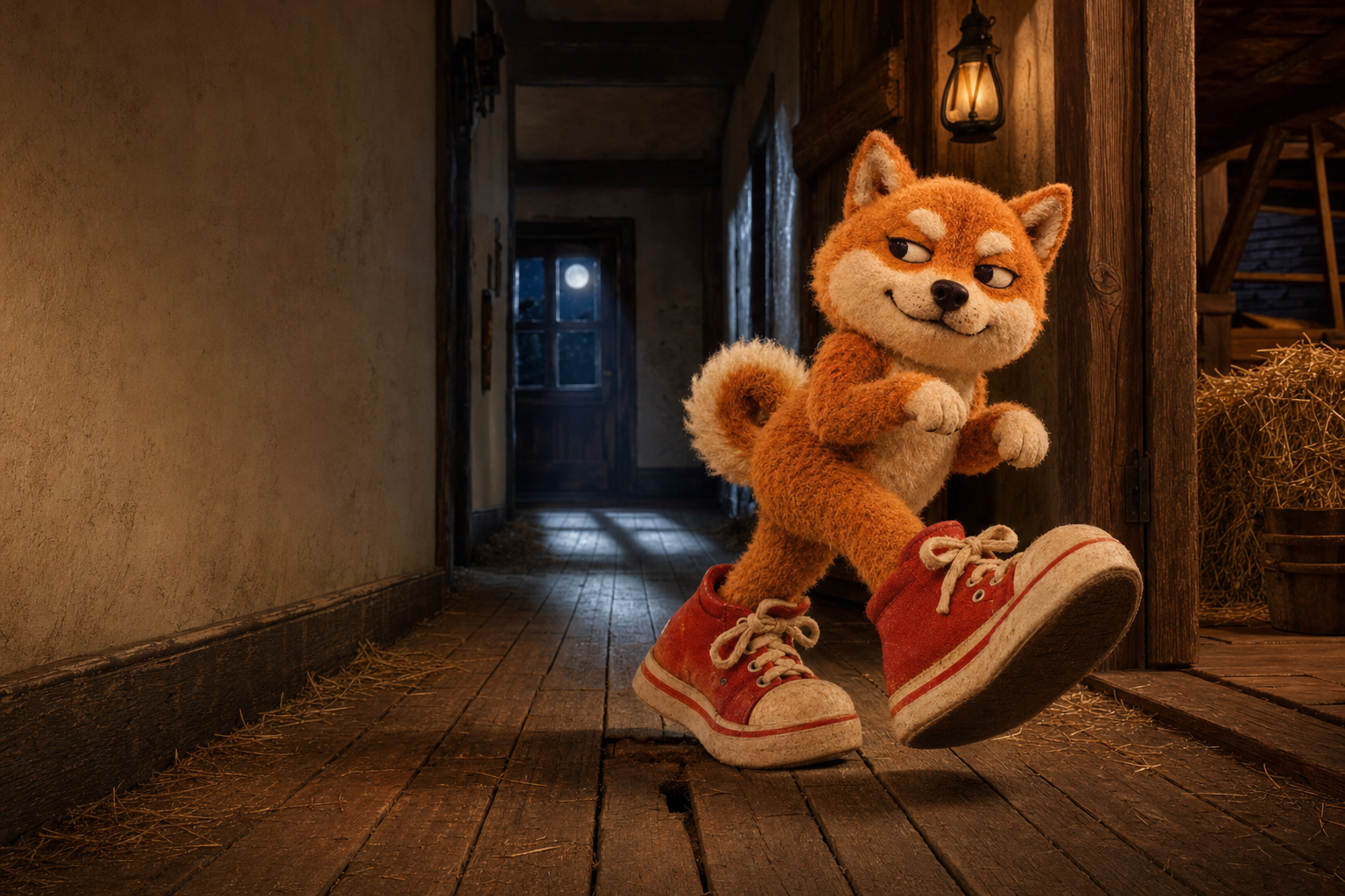 Tiptoe sneaking down a lantern-lit farmhouse hallway toward a moonlit back door