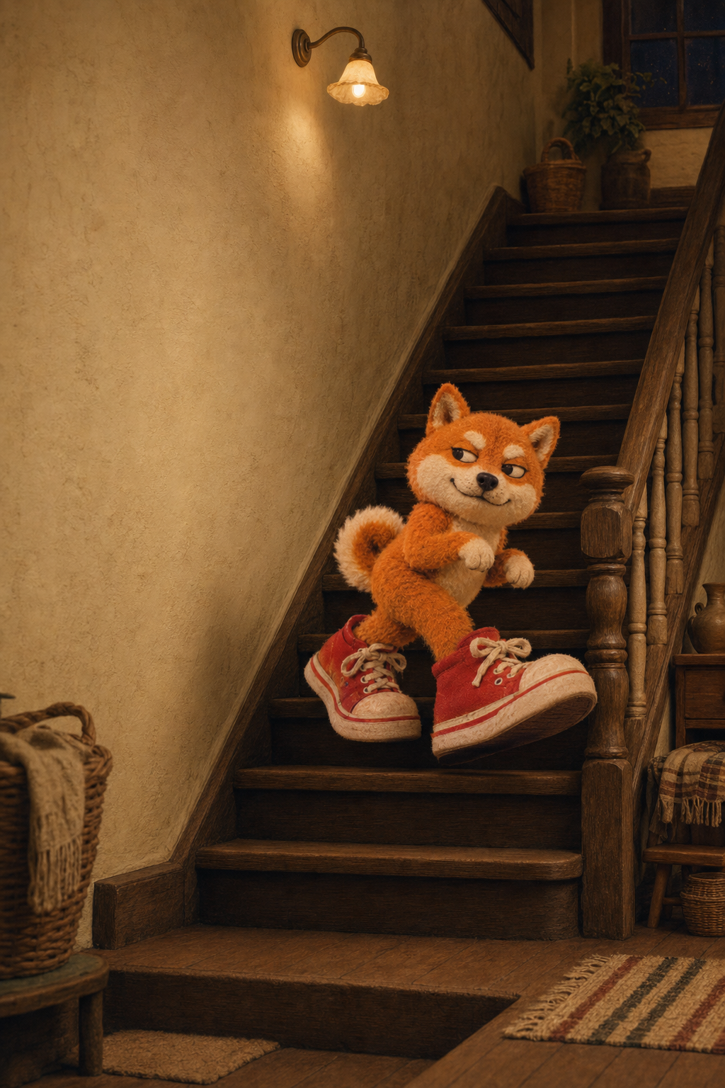 Tiptoe glancing sideways on the stairs